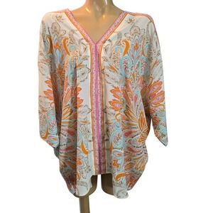 Rose & Olive 1X White Orange Blue Pink Paisley‎ V Neck Kimono Top Plus Size